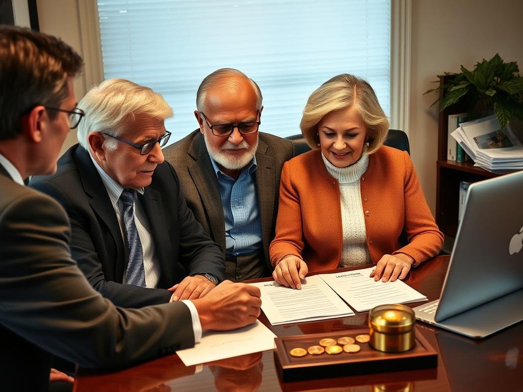 Senior couple reviewing Gold IRA required minimum distributions paperwork with financial advisor