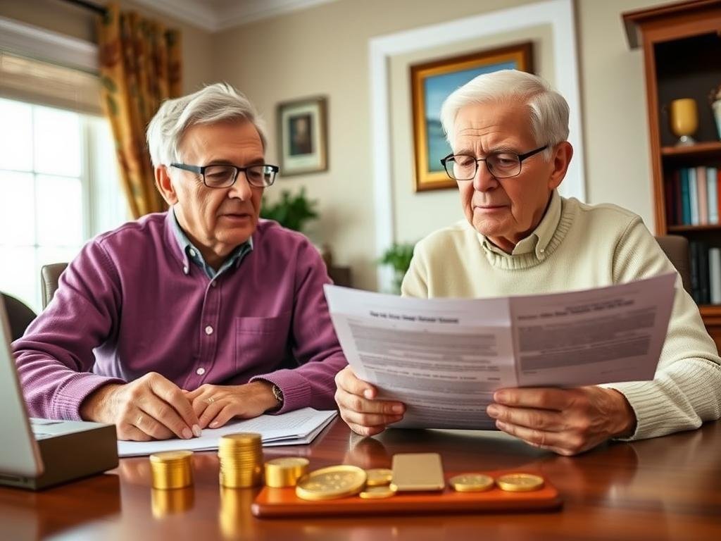 Senior couple reviewing gold IRA investment documents with gold coins displayed, showing gold IRA vs silver IRA for retirees consideration Senior couple reviewing gold IRA investment documents with gold coins displayed, showing gold IRA vs silver IRA for retirees consideration