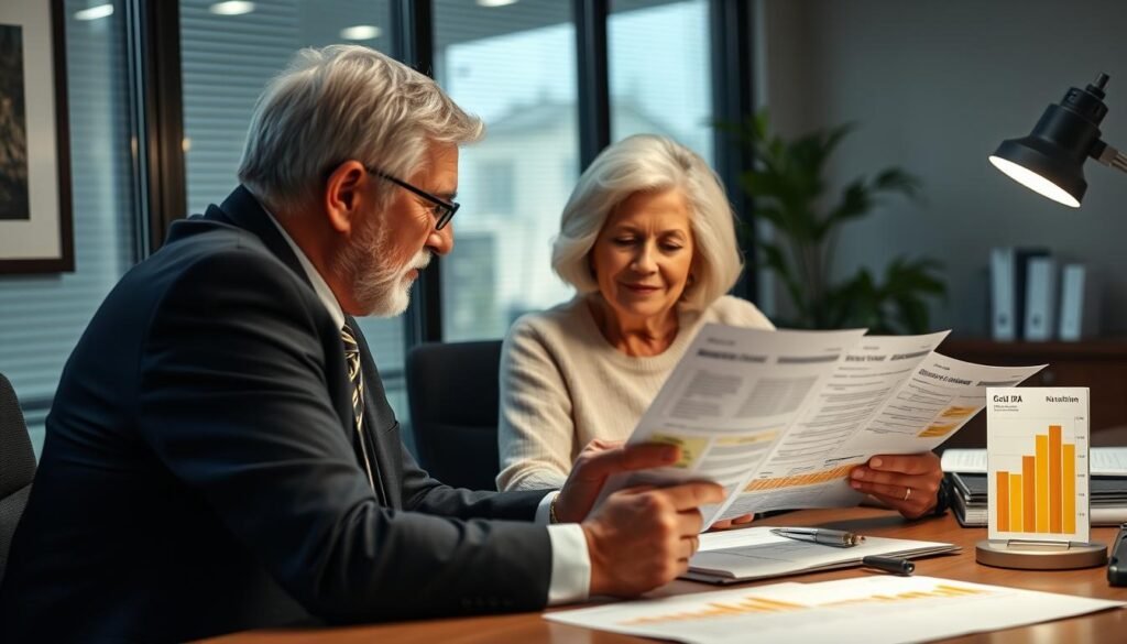 Senior couple reviewing their Gold IRA portfolio with financial advisor