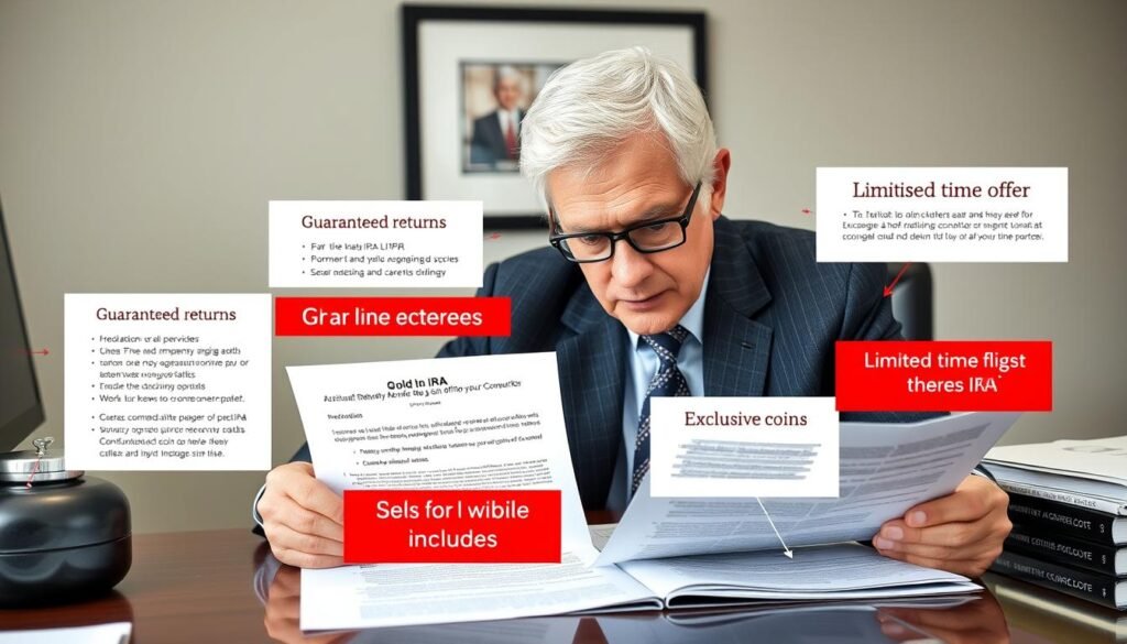 Senior investor reviewing gold IRA documents with red flags highlighted