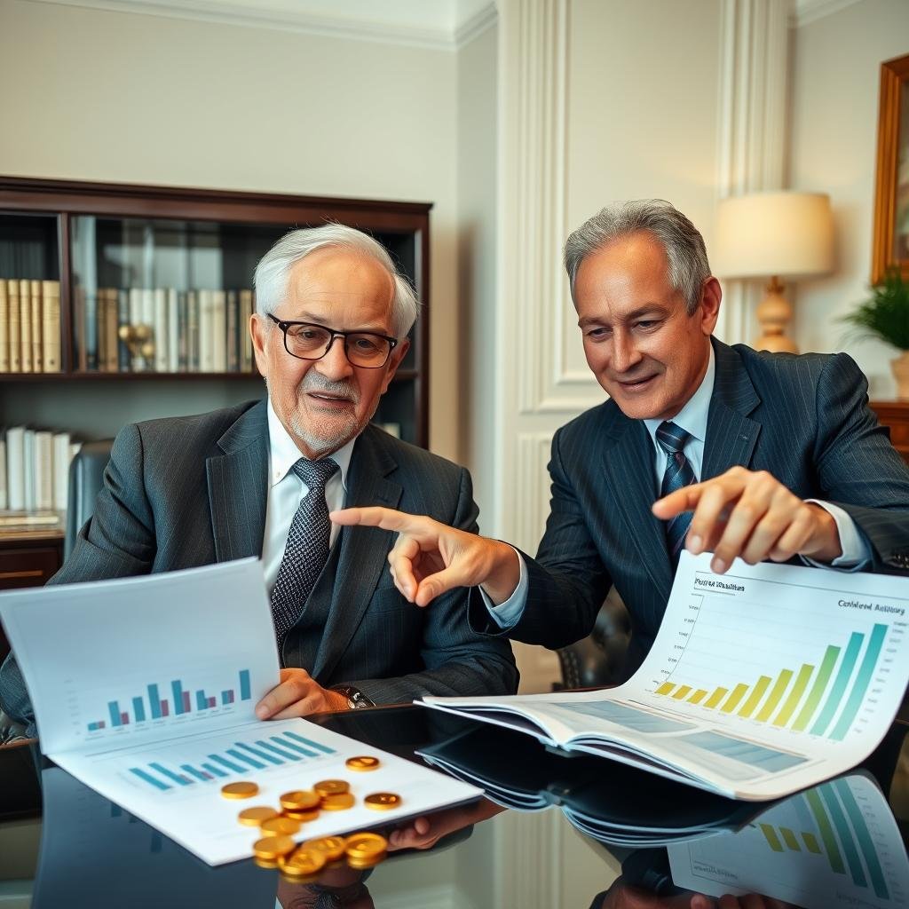 Senior man reviewing gold IRA investment portfolio with financial advisor, illustrating gold IRA vs silver IRA for retirees with substantial savings Senior man reviewing gold IRA investment portfolio with financial advisor, illustrating gold IRA vs silver IRA for retirees with substantial savings