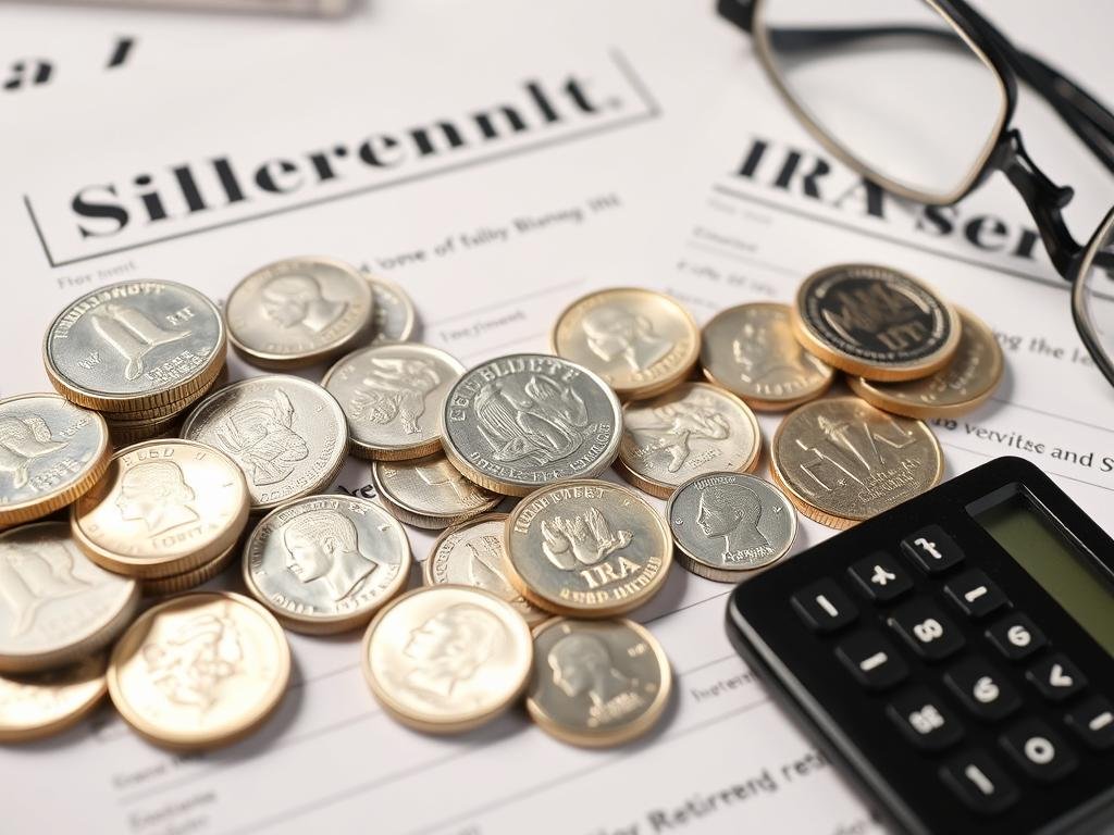 Silver coins and bars with retirement planning documents, illustrating silver IRA investment options for retirees comparing gold IRA vs silver IRA Silver coins and bars with retirement planning documents, illustrating silver IRA investment options for retirees comparing gold IRA vs silver IRA