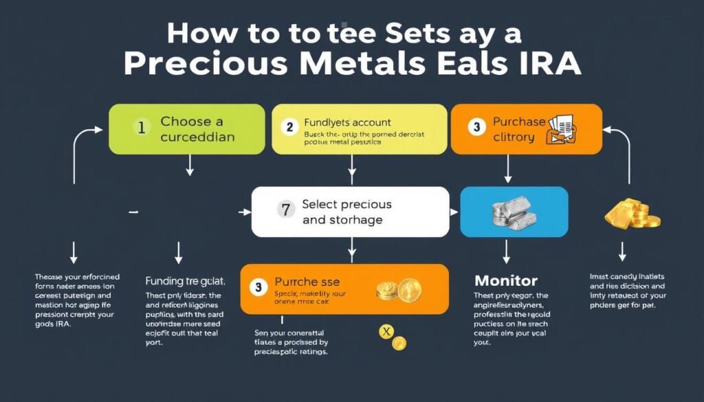 Step-by-step process diagram for setting up a precious metals IRA, comparing gold IRA vs silver IRA for retirees Step-by-step process diagram for setting up a precious metals IRA, comparing gold IRA vs silver IRA for retirees