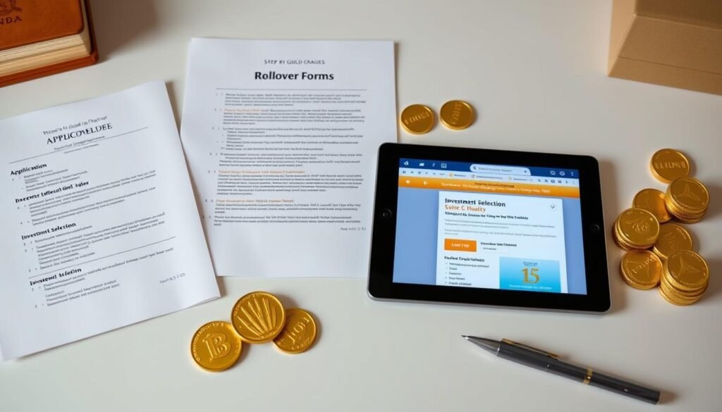 Step-by-step process of setting up a Gold IRA with documents, gold coins, and a digital application
