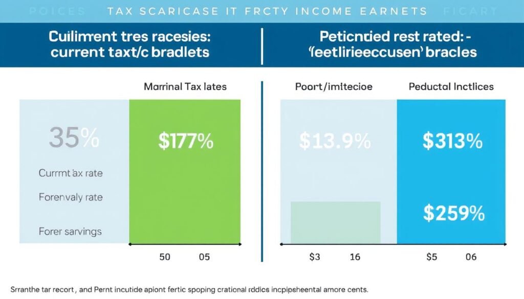 Tax bracket comparison showing current vs retirement tax rates for high income earners