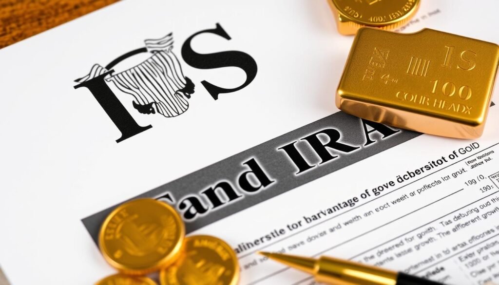 Tax documents and gold coins showing IRS-approved Gold IRA tax benefits