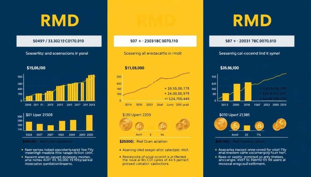 Three different Gold IRA required minimum distributions scenarios illustrated with charts