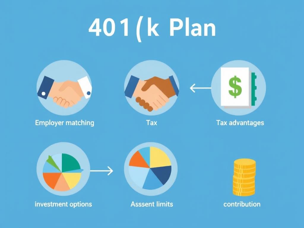 Visual representation of 401(k) plan features showing employer matching and investment options