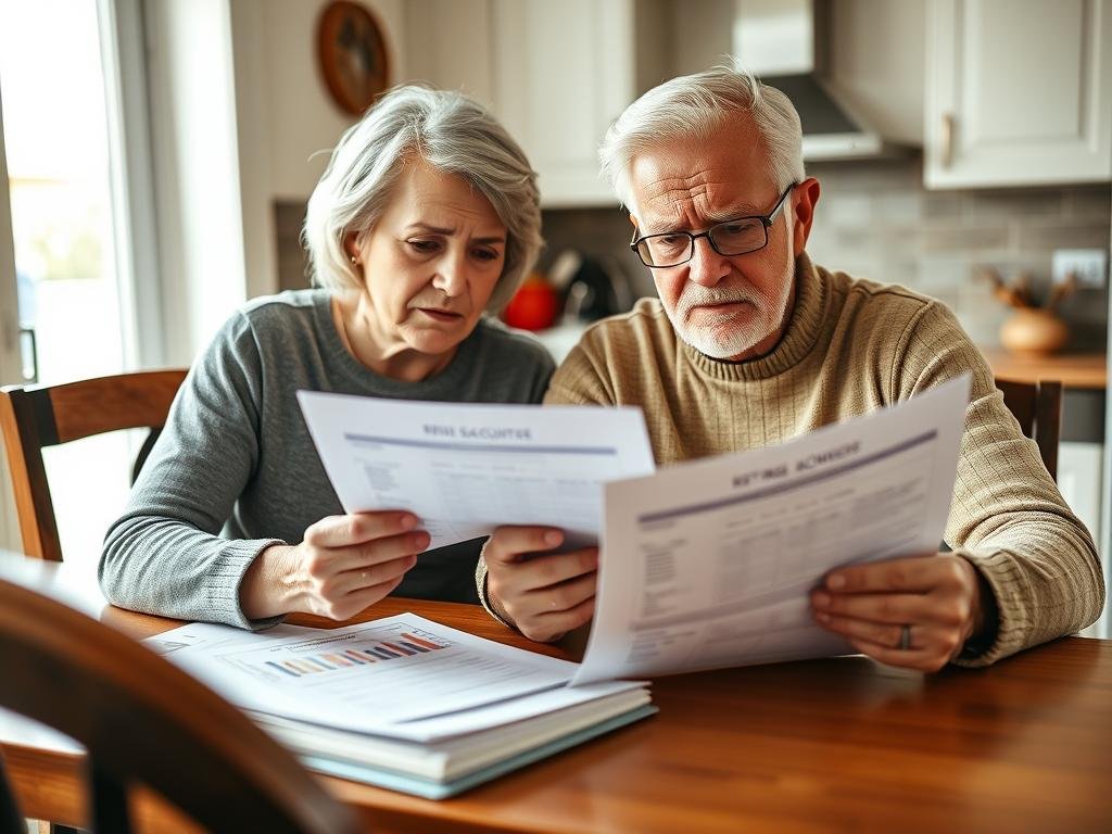 Worried senior couple reviewing financial statements with concerned expressions