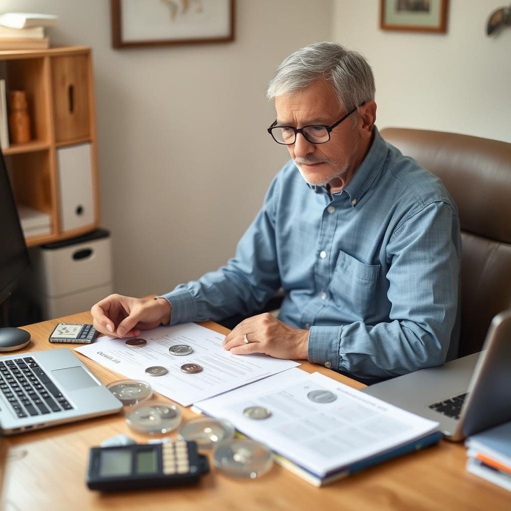 Younger retiree examining silver coins and IRA documents, representing silver IRA advantages for those with limited retirement savings Younger retiree examining silver coins and IRA documents, representing silver IRA advantages for those with limited retirement savings