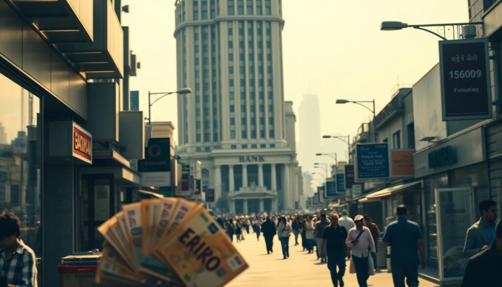 A bustling city street, lined with storefronts and pedestrians. In the foreground, a person stands before a display of various currencies, their expression conveying the struggle to maintain purchasing power as the value of their local currency fluctuates. The middle ground features a towering bank building, its imposing architecture symbolizing the influence of financial institutions on everyday economic decisions. In the background, a hazy skyline suggests an atmosphere of uncertainty and economic instability. Diffuse natural lighting casts a warm, golden glow, creating a sense of unease and a longing for stability. The scene evokes the everyday impacts of currency devaluation on individuals, their daily lives, and the broader economic landscape.