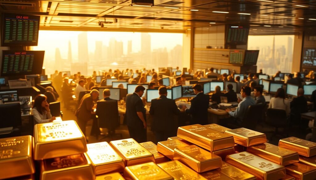 A bustling precious metals exchange, the trading floor awash in a warm, golden hue. Rows of brokers and analysts huddle over electronic displays, studying the ebb and flow of market liquidity. In the foreground, stacks of gold and silver ingots glint under soft, diffused lighting, conveying a sense of solidity and security amidst the dynamic chaos. The background features a panoramic view of the city skyline, reflecting the interconnected nature of global finance. The overall atmosphere is one of focused intensity, where every tick of the price chart represents an opportunity or a risk to be carefully weighed.