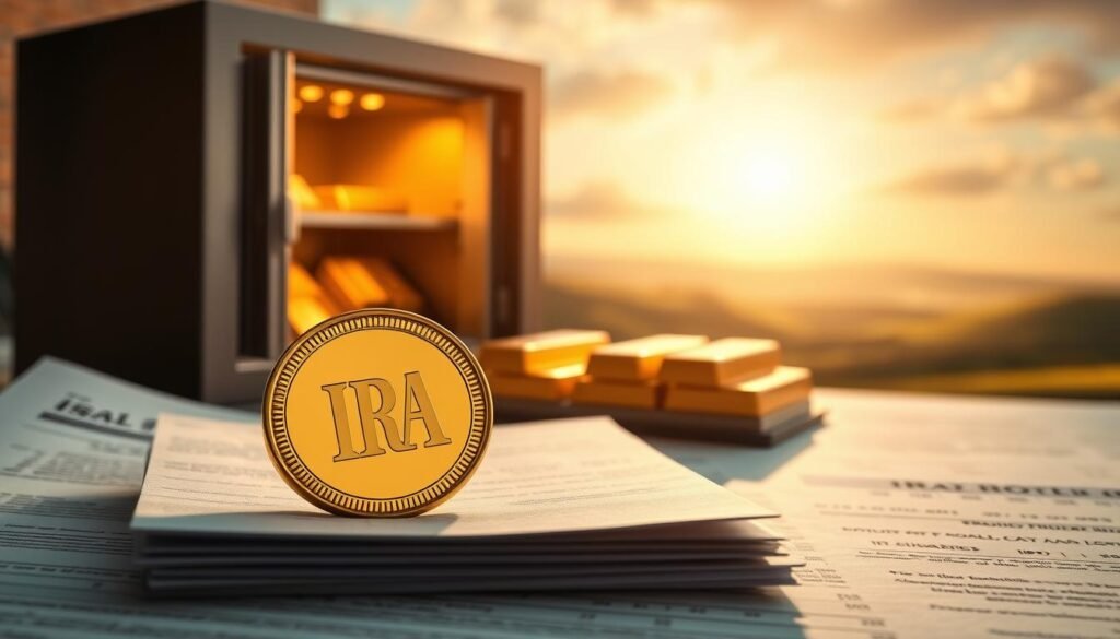 A captivating gold-toned IRA surrounded by a soft, dreamy glow. In the foreground, a shiny gold coin rests atop a stack of financial documents, casting warm reflections. The middle ground features an open safe with gold bullion bars neatly displayed, bathed in a gentle spotlight. In the background, a serene landscape of rolling hills and a tranquil sky, conveying a sense of stability and security. The composition is balanced, with clean lines and a harmonious color palette that evokes the timeless allure of precious metals. This image perfectly captures the benefits, risks, and smart allocation considerations of a gold-based IRA.