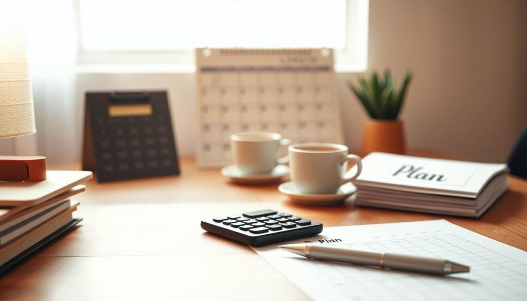 A clean and minimal financial planning concept. A wooden desk with a pen, calculator, and a folder labeled "Plan" in the foreground. In the middle ground, a wall calendar and a cup of coffee. The background is softly blurred, suggesting a cozy, focused home office environment. Natural, warm lighting illuminates the scene, creating a sense of clarity and purpose. The overall atmosphere conveys a thoughtful, organized approach to personal financial management.