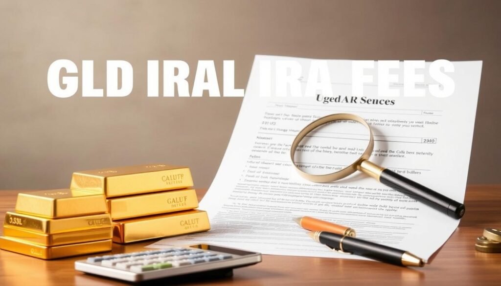 A clean, well-lit tabletop scene showcasing the key elements of gold IRA fees. In the foreground, a stack of gold bullion bars and a calculator, symbolizing the financial aspects. In the middle ground, an official-looking document with detailed fee information, surrounded by a magnifying glass and a pen. The background features a muted, neutral-toned wall, creating a professional, authoritative atmosphere. The lighting is soft and even, highlighting the metallic shine of the gold and the crisp details of the paperwork. The overall composition conveys a sense of precision, transparency, and the careful consideration required when managing the costs associated with a secure, legal gold IRA storage.