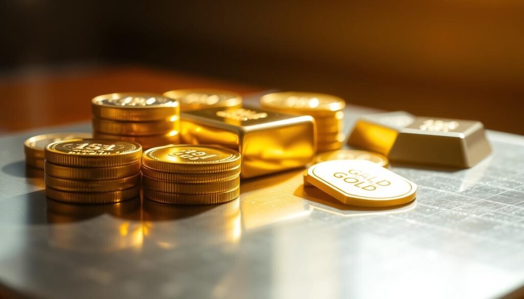 A close-up view of several gold bullion coins and bars arranged on a reflective metal surface, illuminated by warm, natural lighting from the side. The gold pieces reflect the light, creating a striking display of the material's luster and value. The background is blurred, placing the focus on the foreground elements and their tactile, three-dimensional quality. The overall composition conveys a sense of wealth, stability, and the tangible nature of physical gold as a retirement investment.