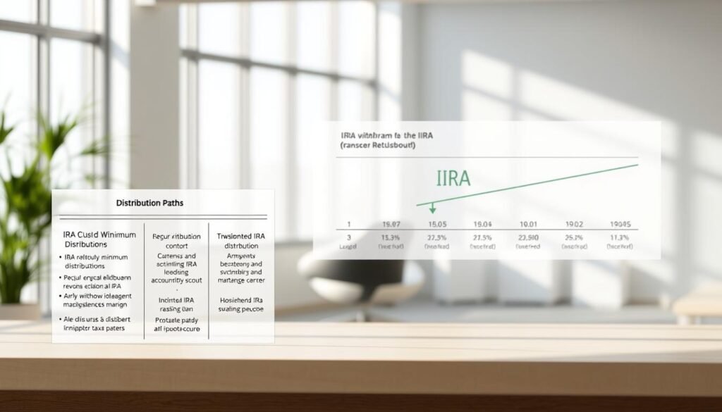 A crisp, clean diagram depicting the distribution paths for an Individual Retirement Account (IRA). In the foreground, a detailed schematic shows the various options for IRA withdrawals, including required minimum distributions, early withdrawals, and inherited IRAs. The middle ground features a carefully rendered financial chart, illustrating how each distribution method impacts the account balance and tax implications. The background showcases a serene, minimalist office setting, with natural lighting filtering through large windows, emphasizing the importance of thoughtful IRA planning. The overall tone is one of clarity, organization, and financial expertise, befitting the article's subject matter.