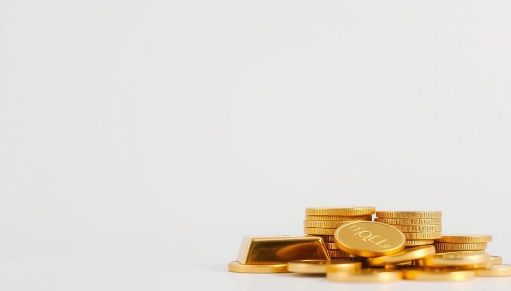 A crisp, high-resolution photograph of physical gold bars and coins, set against a clean, neutral background. The gold items are arranged neatly, their lustrous surfaces reflecting the soft, diffused lighting that illuminates the scene. The composition emphasizes the tactile nature of the gold, inviting the viewer to consider its weight, texture, and value. The overall mood is one of financial stability, prudence, and the timeless allure of precious metals as a hedge against uncertainty.