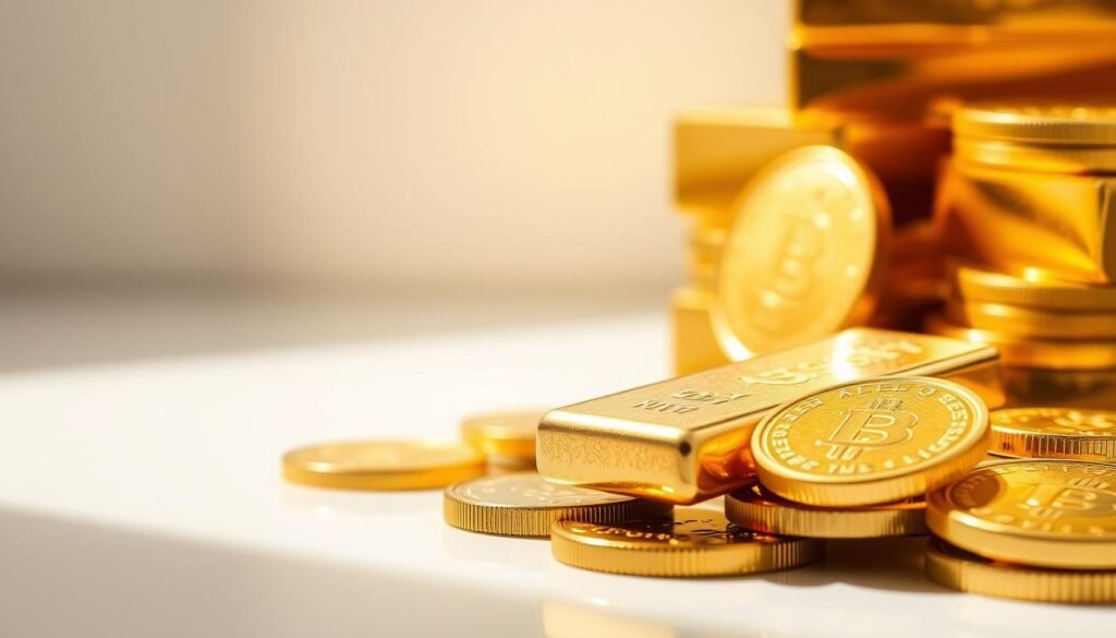 A detailed close-up of physical gold bars and coins in various sizes, shapes, and hues, resting on a clean, polished surface. The lighting is warm and natural, casting a soft glow on the gleaming metallic surfaces. The camera is positioned at a slight downward angle, capturing the weight, texture, and brilliance of the precious metal. The background is clean and minimalist, allowing the gold to be the sole focus of the image. The overall mood is one of wealth, luxury, and the tangible nature of this valuable investment.