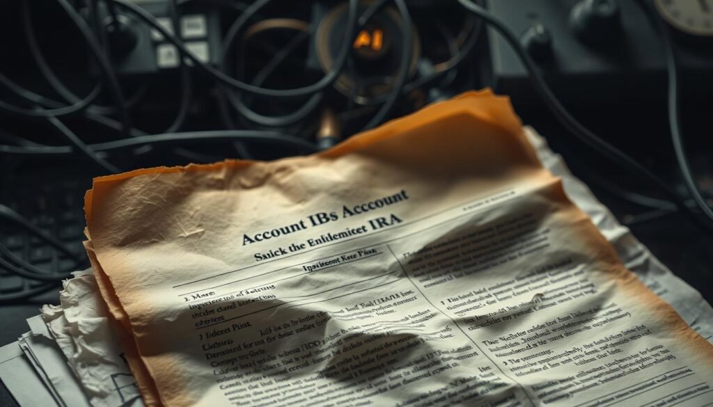 A detailed, close-up view of a golden IRA account statement, partially hidden under layers of crumpled and tattered paper documents. The statement's margins are filled with small print, obscuring key details. In the background, a maze of tangled wires and outdated technology evokes a sense of hidden complexities. Muted lighting casts deep shadows, creating an atmosphere of caution and uncertainty. The scene conveys the challenges of navigating the hidden costs and fine print associated with retirement account management.