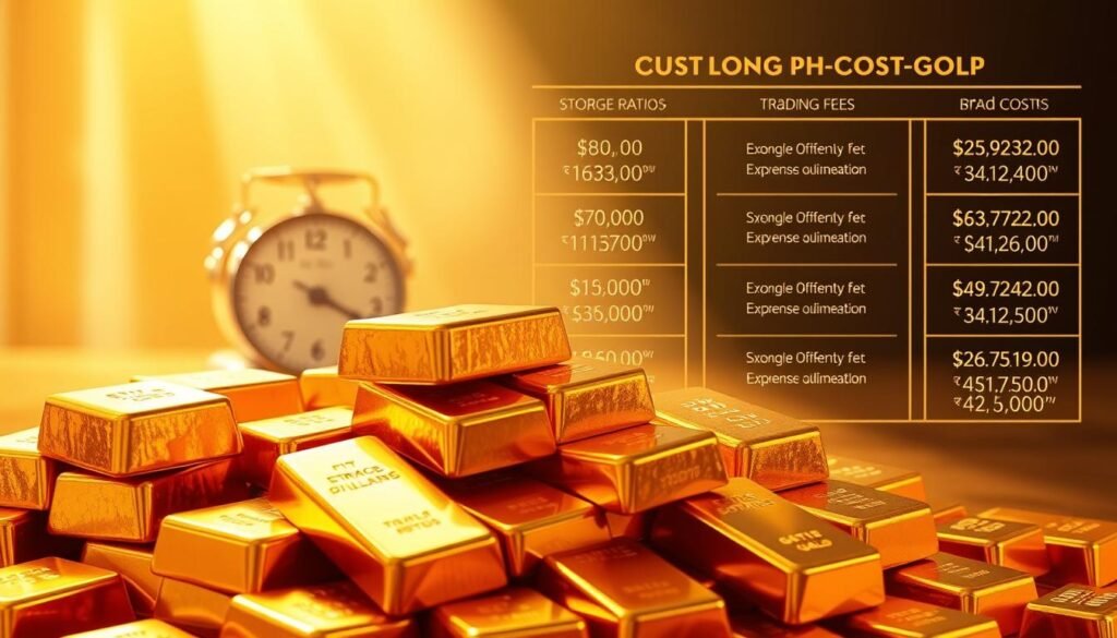 A detailed illustration showcasing the costs and fees associated with physical gold ownership. In the foreground, a pile of shiny gold bullion bars, meticulously rendered with a high-quality camera lens, capturing the warm reflections and subtle textures. In the middle ground, a set of scales, weighing the bars to convey the tangible nature of the asset. In the background, a minimalist graph or chart highlighting the various expense ratios, storage fees, and trading costs involved in managing a physical gold portfolio. The scene is bathed in a soft, natural lighting, creating a sense of elegance and financial sophistication.