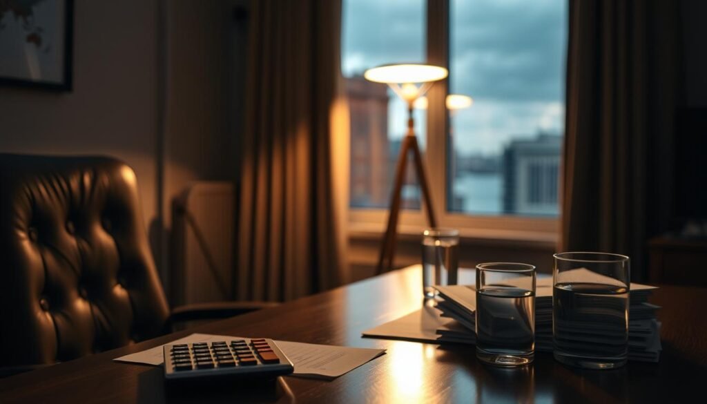 A dimly lit office space, with a wooden desk and leather chair in the foreground. On the desk, a calculator, a stack of financial documents, and a glass of water, suggesting the contemplative atmosphere of retirement planning. In the middle ground, a window frames a cityscape, hinting at the external world beyond the immediate task at hand. Soft, warm lighting from a desk lamp casts a soothing glow, creating a sense of concentration and focus. The background is slightly blurred, emphasizing the attention on the desk and the withdrawal strategies being considered, represented by the financial documents. A pensive, thoughtful mood pervades the scene.