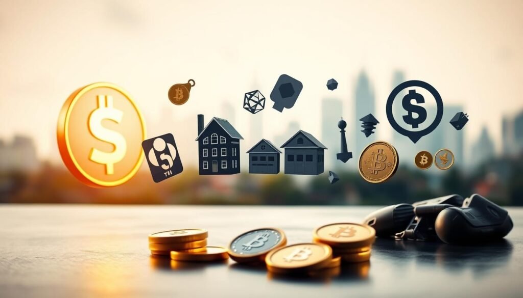A diverse array of investment vehicles float in a tranquil, well-lit environment. In the foreground, a retirement account symbol and precious metal ingots glimmer under soft, directional lighting. In the middle ground, real estate icons, cryptocurrency tokens, and alternative assets like commodities and collectibles drift gracefully. The background features a hazy, out-of-focus cityscape, suggesting the broader financial ecosystem. The overall mood is one of balance, stability, and a measured approach to building a resilient, diversified portfolio.