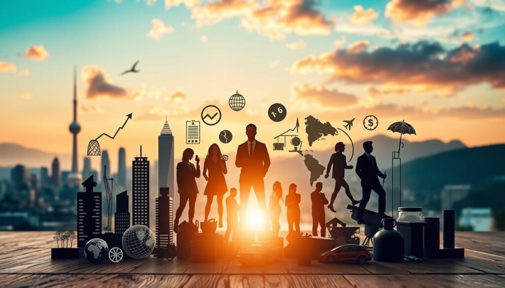A diverse financial portfolio shines against a backdrop of cityscape and natural landscapes. In the foreground, various asset icons - stocks, bonds, real estate, commodities - are artfully arranged, symbolizing a balanced investment strategy. The middle ground features silhouettes of people, each representing a different sector or geographical region, showcasing international diversification. Warm, diffused lighting bathes the scene, evoking a sense of stability and security. The overall composition conveys the importance of spreading one's assets across multiple avenues to weather economic uncertainty and protect long-term savings.