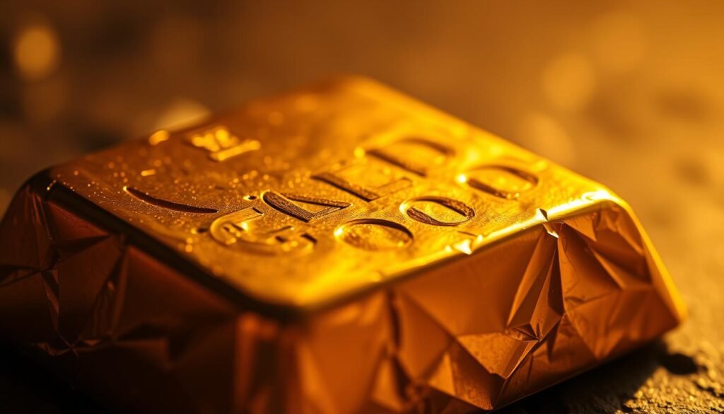 A dramatic close-up of a gleaming, faceted gold bar, illuminated by warm, directional lighting that casts intricate shadows across its surface. The polished metal reflects a glowing, golden hue, evoking a sense of wealth, history, and timeless value. The foreground is sharply in focus, while the background fades to a soft, atmospheric blur, keeping the viewer's attention centered on the precious metal. The overall mood is one of solidity, stability, and enduring worth - a fitting symbol of the resilience of gold during periods of economic turbulence.