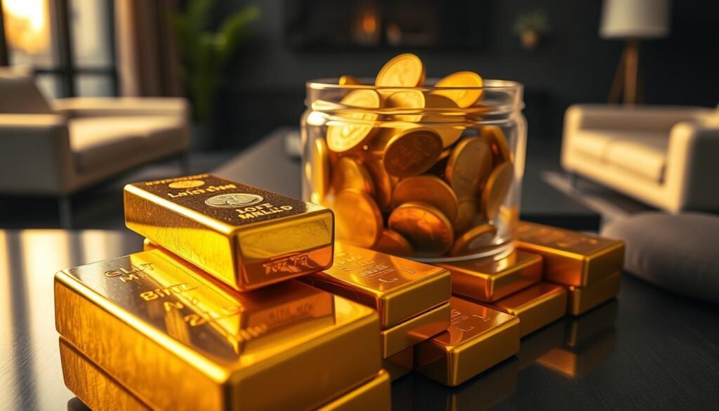 A high-angle shot of a gold individual retirement account (IRA) featuring a stack of gold bullion bars, illuminated by warm, golden light. The foreground showcases the lustrous, burnished surface of the bars, with crisp reflections and subtle texture. In the middle ground, a transparent glass container holds an assortment of gold coins, their intricate designs and shimmering surfaces highlighted. The background depicts a sleek, modern financial office setting, with minimalist furniture and muted colors, creating a sense of sophistication and security. The overall composition conveys the tangible, valuable nature of physical gold as a retirement investment.