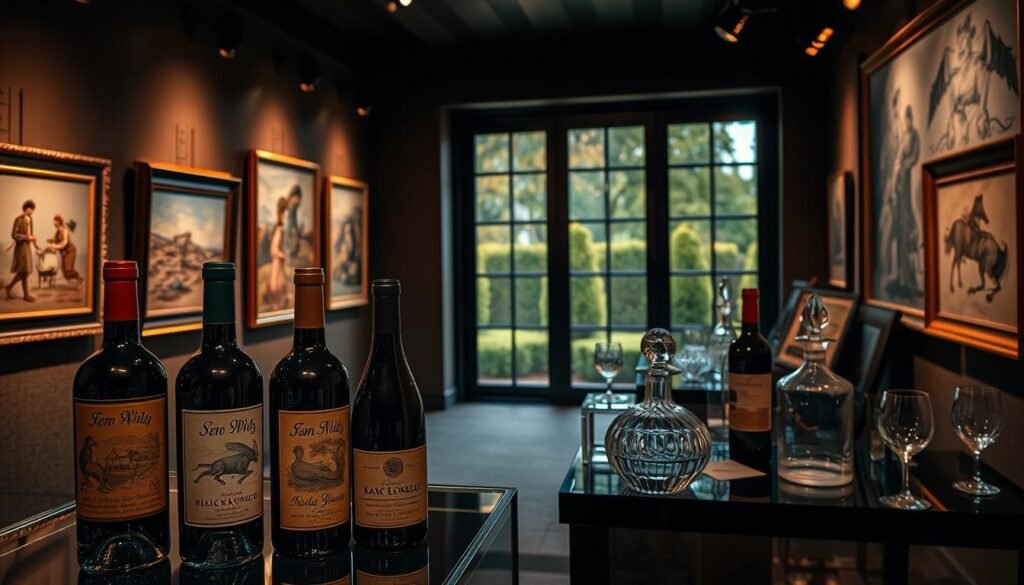 A high-end art gallery, dimly lit with warm spotlights, showcases a carefully curated collection of fine art and vintage wine bottles. In the foreground, a glass display case holds a selection of rare, artisanal wine labels, each label featuring intricate illustrations and calligraphy. Behind the wine, framed oil paintings and sketches adorn the gallery walls, their diverse styles and subjects reflecting the timeless appeal of collectible art. The middle ground features a stylish display of antique decanters and crystal glassware, complementing the refined atmosphere. In the background, a large window offers a glimpse of a tranquil, manicured garden, adding a sense of natural elegance to the scene. The overall composition evokes a sense of luxury, exclusivity, and the enduring value of artful, high-quality collectibles.