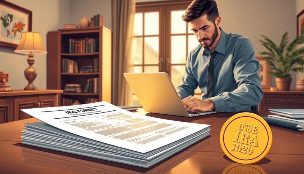 A high-quality, detailed illustration depicting the step-by-step process of transferring IRA funds into a gold IRA. The image shows a person standing at a desk, meticulously reviewing financial documents and making calculations on a laptop. In the foreground, a stack of IRS forms and a gold bullion coin are prominently displayed. The middle ground features a bookshelf with financial reference materials, while the background showcases a serene home office setting with tasteful decor. Soft, warm lighting casts a professional, authoritative atmosphere, conveying the gravity and importance of the financial transaction. The overall composition guides the viewer's eye through the key elements of the gold IRA transfer process.