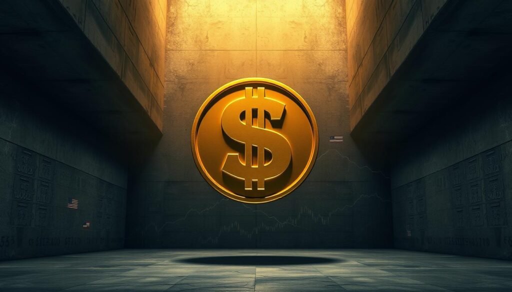 A large, solid gold coin emblazoned with the iconic dollar sign floats in a dimly lit, cavernous space. The coin emits a warm, golden glow, casting long shadows across the austere, concrete walls. In the background, a complex web of currency symbols, national flags, and financial graphs creates an abstract, data-driven landscape. The composition conveys a sense of the dollar's immense global influence and its position as the world's preeminent reserve currency, while also hinting at the uncertainty and potential instability surrounding its future status.