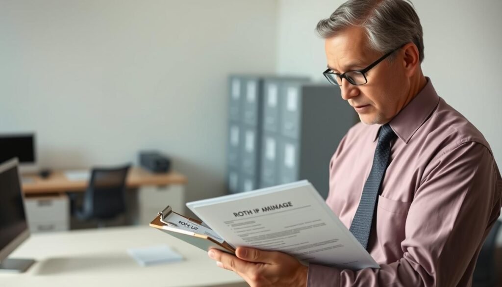 A meticulous custodian standing with a clipboard, meticulously reviewing set-up rules and procedures for a Roth IRA account. The custodian is dressed professionally, with a crisp shirt and tie, conveying an air of authority and attention to detail. The background is a clean, minimalist office setting, with a desk, computer, and filing cabinets in the distance, suggesting a workspace dedicated to financial administration. Warm, directional lighting casts subtle shadows, highlighting the custodian's focused expression as they thoroughly examine the documentation in their hands. The overall mood is one of diligence, precision, and a commitment to ensuring the proper establishment of a Roth IRA account.