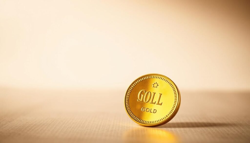 A meticulously crafted image showcasing a gold bullion against a clean, minimalist background. The bullion is positioned in the foreground, capturing the viewer's attention with its gleaming, reflective surface. Soft, warm lighting illuminates the gold, creating a sense of richness and prestige. The middle ground features a subtle, textured surface, hinting at the solid foundation of a financial investment. In the background, a serene, neutral tone sets the stage, allowing the focal point of the gold to take center stage. The overall composition conveys a sense of stability, security, and the allure of precious metal investment options, such as a Gold IRA rollover.