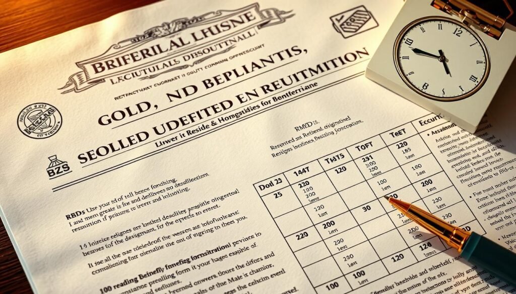 A meticulously detailed illustration of the critical deadlines and requirements for Required Minimum Distributions (RMDs) and Residuary Beneficiary Designations (RBDs) in the context of inheriting a Gold Individual Retirement Account (IRA). The scene depicts a stylized financial document with intricate typography, infographic icons, and a precise calendar highlighting key dates. The lighting is soft and warm, creating a sense of professionalism and authority. The composition emphasizes the centrality of these complex financial obligations, conveying the gravity and importance of understanding and meeting these deadlines for beneficiaries.