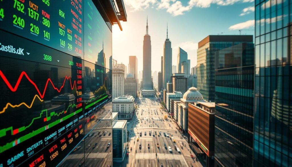 A modern, high-resolution image of the dynamic stock market, captured through a wide-angle lens to showcase the breadth and depth of the financial landscape. The foreground features a vibrant stock ticker, with colorful fluctuating prices and symbols reflecting the constant pulse of the market. In the middle ground, a cityscape of towering skyscrapers and bustling streets, symbolizing the power and influence of the financial sector. The background is bathed in a warm, golden light, conveying a sense of growth, opportunity, and long-term prosperity. The overall composition exudes a sense of resilience, stability, and the timeless nature of investing in the stock market.