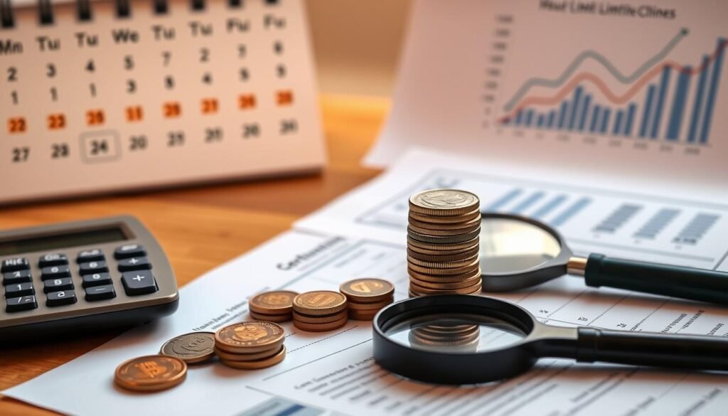 A neatly organized desk with a stack of coins, a calculator, and a magnifying glass resting on financial documents. The scene is illuminated by warm, diffused lighting, creating a contemplative atmosphere. In the background, a calendar and charts depicting investment growth curves suggest a financial planning context. The focus is on the contribution limits and funding options, conveyed through the visual elements on the desk. The composition emphasizes balance, order, and attention to detail, reflecting the careful consideration required for managing a Gold IRA.