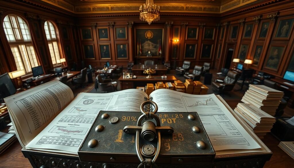 A panoramic overhead view of a national government's financial assets, depicted as a vast ledger spread across a desk. The ledger's pages are filled with intricate numerical data, charts, and graphs representing the country's debt, GDP, and other key economic indicators. The foreground features an imposing metal strongbox with a complex lock mechanism, symbolizing the secure storage of these crucial financial resources. The middle ground shows stacks of gold bullion, currencies, and other tangible assets. In the background, a vast, dimly lit government office setting with high ceilings, oak-paneled walls, and the faint glow of computer monitors. The overall atmosphere conveys a sense of gravitas, responsibility, and the weighty consequences of these financial realities.