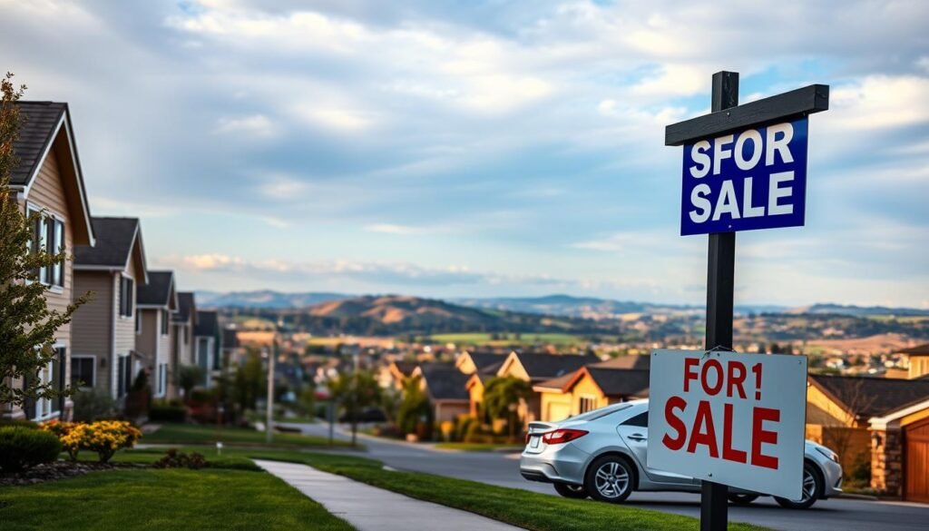 A panoramic view of a suburban neighborhood, with rows of well-maintained houses and manicured lawns. In the foreground, a for-sale sign stands prominently, inviting potential investors. The mid-ground features a realtor's sedan parked in a driveway, hinting at the ongoing transactions. The background showcases a picturesque landscape, with rolling hills and a serene sky painted in warm hues, suggesting the long-term value of this real estate. The scene is bathed in soft, golden light, creating a sense of timelessness and enduring prosperity.