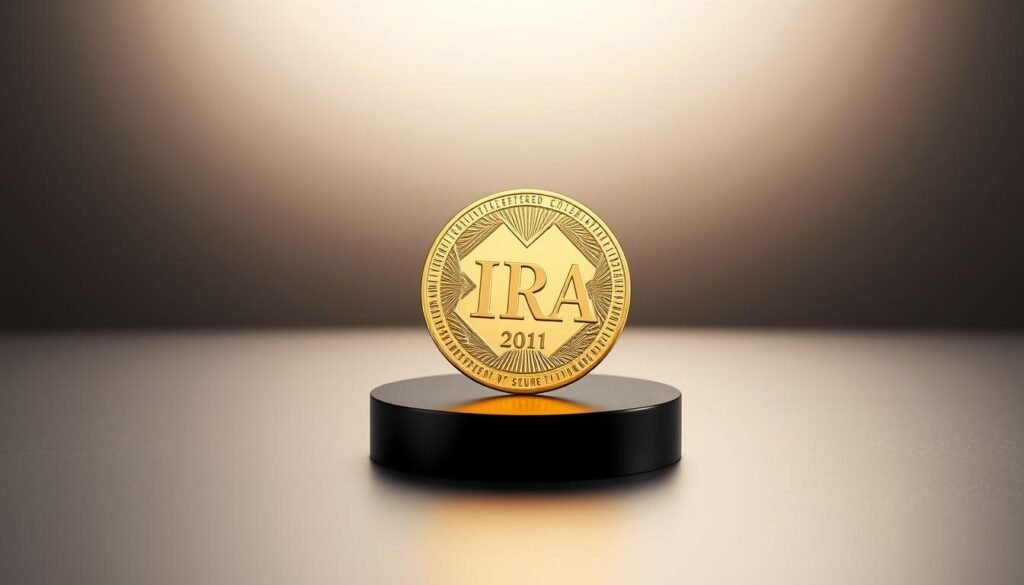 A pristine golden IRA coin rests on a sleek black pedestal, its lustrous surface catching the warm glow of soft studio lighting. In the background, a muted metallic gradient evokes the secure, timeless allure of precious metals. The coin is framed by a clean, minimalist composition, emphasizing its importance as a key component of a well-balanced retirement portfolio. The overall scene conveys a sense of sophistication, stability, and the confidence that comes with aligning one's investment choices with long-term financial goals.