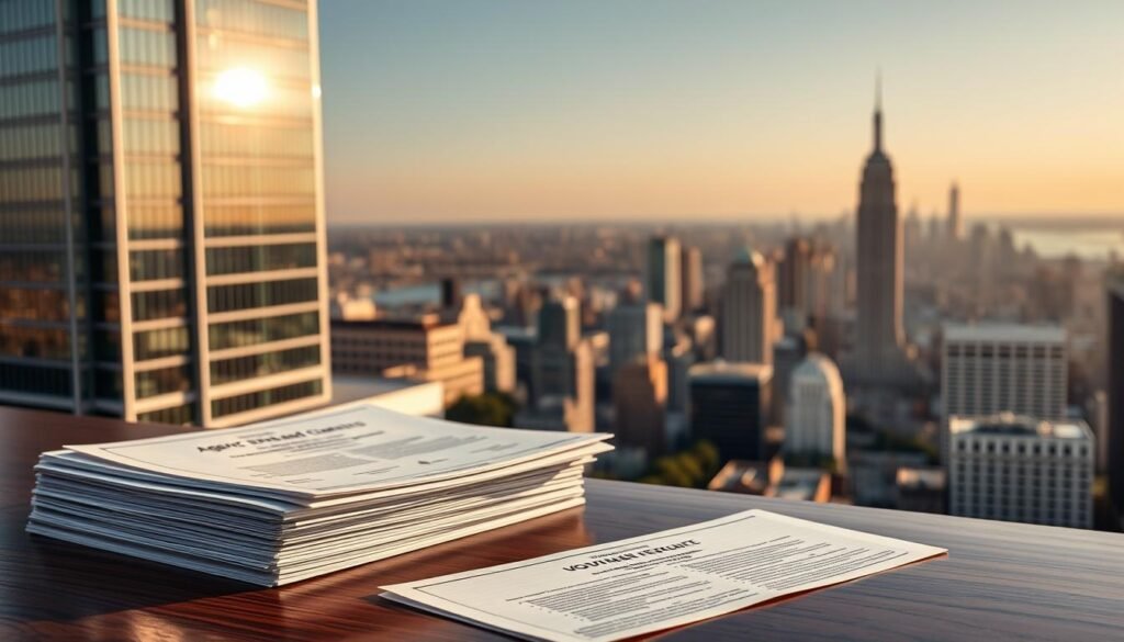 A pristine government agency building stands tall, its sleek glass facade reflecting the sun's warm rays. In the foreground, a stack of agency-backed securities documents rests on a polished mahogany desk, their crisp edges hinting at the stability and reliability they represent. The mid-ground showcases a panoramic view of the city skyline, bustling with activity yet exuding a sense of financial security. The background is bathed in a soft, golden glow, creating an atmosphere of trust and confidence. The image conveys the solidity and dependability of agency and government-backed securities as a cornerstone of a diversified retirement portfolio.