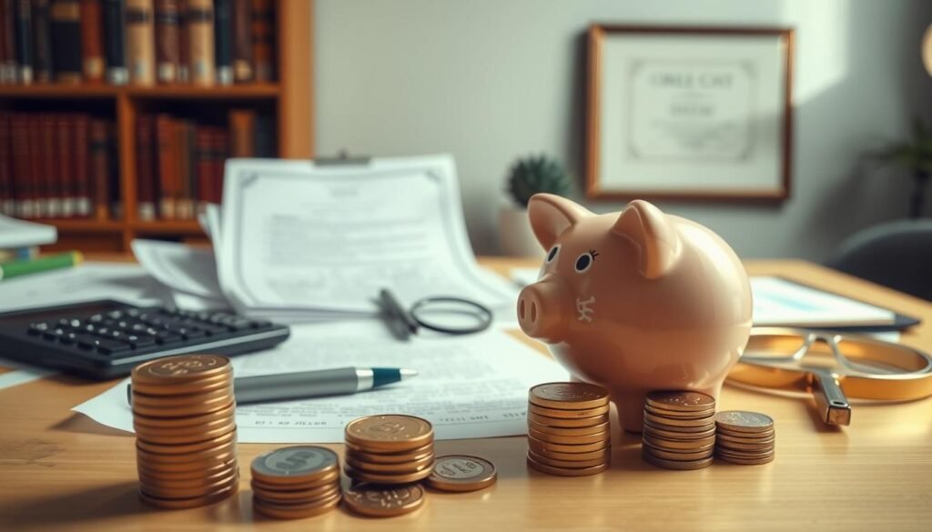 A pristine, well-organized desk with various financial documents, including a calculator, pen, and a magnifying glass. The lighting is soft and warm, creating a professional and serious atmosphere. In the foreground, a stack of coins and a piggy bank symbolize the cost of custodian fees, while in the background, a bookshelf filled with financial books and a framed certificate add a sense of expertise and authority. The scene conveys the importance of understanding and planning for the various fees associated with a 401(k) rollover to a Gold IRA.