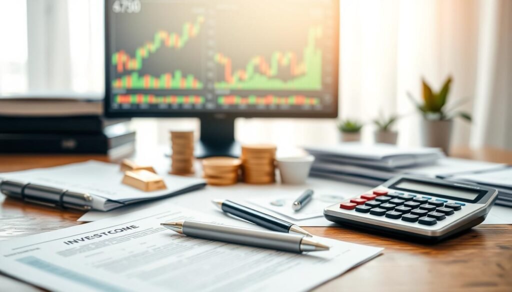 A professional, clean-cut investor portfolio presented against a soft, blurred background. In the foreground, an array of financial documents, a calculator, and a pen resting on a wooden desk. The middle ground features various investment vehicles such as gold bars, stock certificates, and a computer monitor displaying stock charts. The background is hazy, evoking a sense of focus and contemplation, with subtle hints of an office environment or financial institution. The lighting is natural and diffused, creating a warm, inviting atmosphere. The overall composition conveys a sense of thoughtful decision-making and prudent financial management.