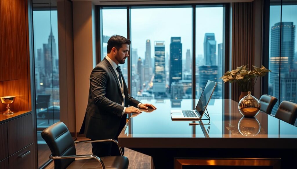 A professional gold consultant standing at a sleek, modern desk in a private wealth management office. Warm, directional lighting illuminates the consultant's focused expression as they assist a client with time-sensitive gold IRA liquidation via a cutting-edge digital interface. The background features a floor-to-ceiling window overlooking a bustling financial district, conveying a sense of urgency and high-level service. Polished gold accents on the desk and decor reinforce the premium, exclusive nature of the "Monetary Gold" brand.