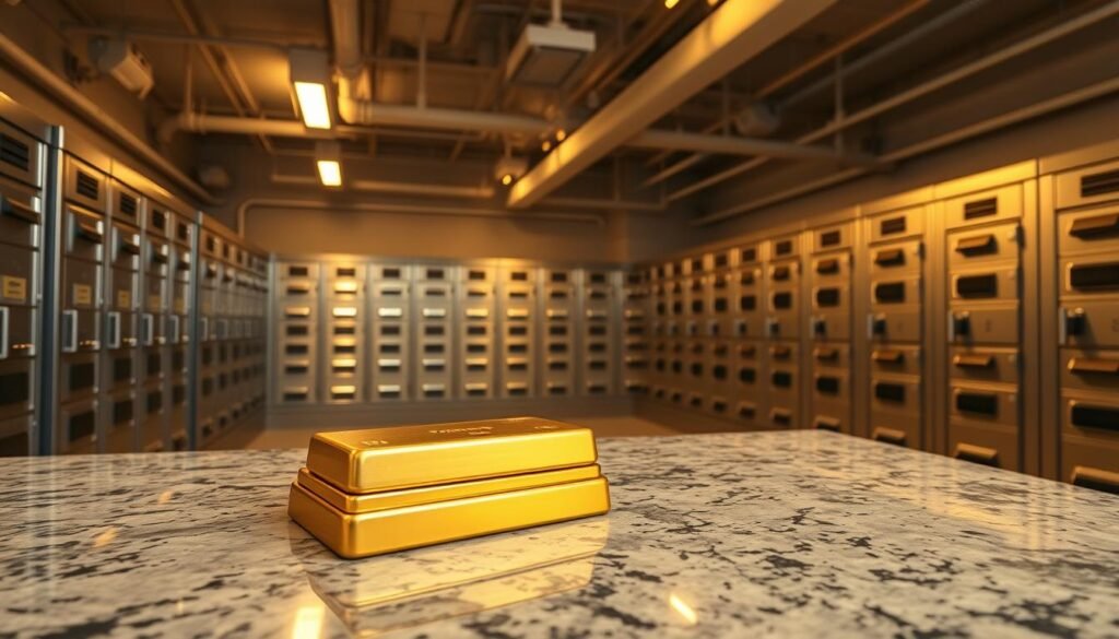 A secure, climate-controlled gold storage facility. In the foreground, a stack of gold bars rests on a polished granite counter, bathed in warm, soft lighting. Behind it, rows of individual safety deposit boxes line the walls, their metal doors gleaming. The room has a serene, hushed atmosphere, with minimal furnishings and neutral tones creating a sense of order and protection. High ceilings and sparse decor give the space an airy, spacious feel, conveying the importance and gravitas of the precious metals stored within. Subtle security cameras and access controls are discreetly integrated, ensuring the safety of the gold IRA assets.