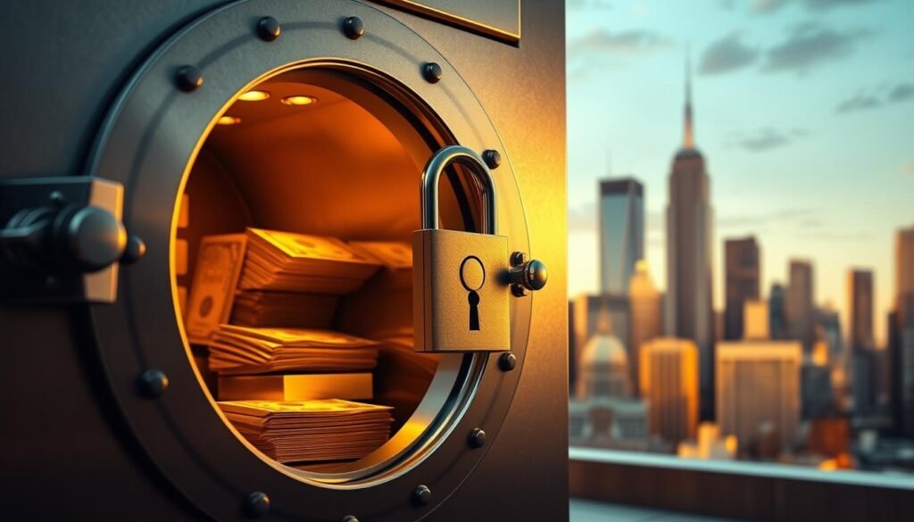 A secure vault stands in the foreground, its metallic surface gleaming under the soft, warm lighting. Stacks of gold bullion and crisp dollar bills are neatly arranged within, symbolizing the protection of personal wealth. In the middle ground, a sturdy lock mechanism, meticulously crafted, guards the vault's contents. The background features a cityscape, with towering skyscrapers and a sense of economic prosperity, yet a subtle hint of concern lingers, suggesting the need to safeguard one's financial well-being from potential government debt and inflation.