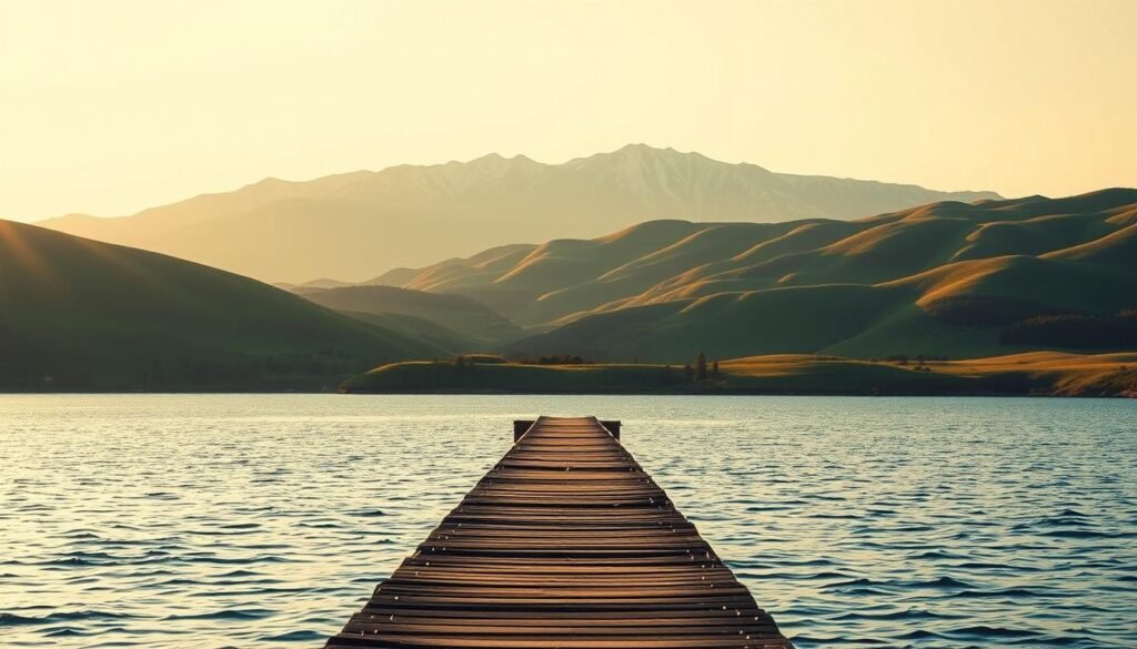 A serene landscape bathed in warm, golden-hour light. In the foreground, a tranquil lake reflects the passing of time, its surface rippling gently. Overlooking the water, a wooden dock extends into the distance, symbolizing the path ahead. The middle ground is occupied by rolling hills, their lush, verdant slopes suggesting a sense of stability and endurance. In the background, a distant mountain range stands tall, its snow-capped peaks reaching up towards a vibrant, expansive sky. The overall composition conveys a sense of balance between the ephemeral and the eternal, inviting the viewer to consider their own journey through time.