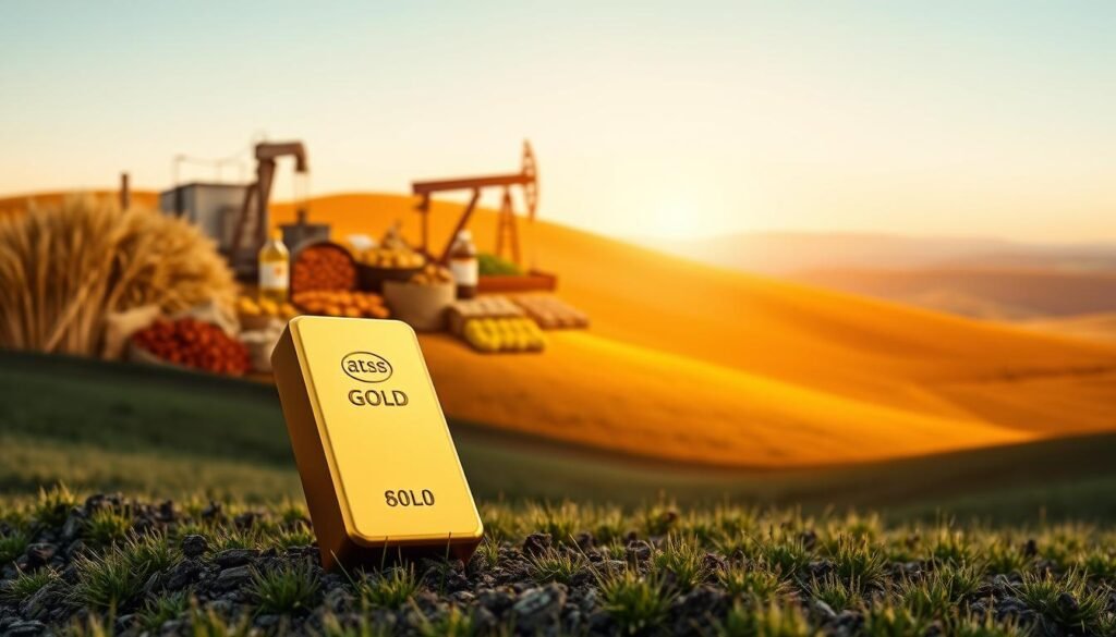 A serene landscape depicting a commodities inflation hedge. In the foreground, a gleaming gold bar stands prominently, symbolizing the timeless value of precious metals. Behind it, a diverse array of commodities - wheat, crude oil, copper, and agricultural produce - are arranged in a visually striking composition. The middle ground features a rolling hillside, bathed in warm, golden light, creating a sense of tranquility and stability. In the distance, a clear blue sky stretches out, hinting at the long-term resilience of these tangible assets. The overall scene conveys the idea of a well-diversified portfolio of inflation hedges, with gold as the central pillar, surrounded by a tapestry of complementary commodities.