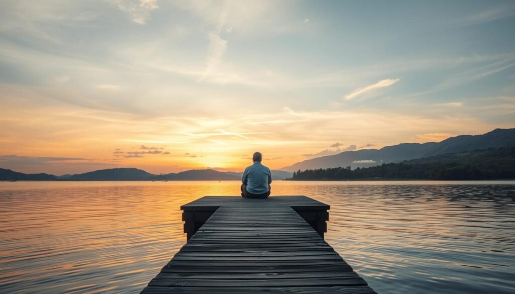 A serene landscape of a tranquil lakeside, with a pier extending out into the still waters. On the pier, a retiree sits peacefully, gazing out at the sunset-painted sky, contemplating their well-planned retirement. Soft, warm lighting bathes the scene, creating a sense of contentment and security. In the background, rolling hills and lush foliage provide a natural, calming backdrop, symbolizing the stability and protection of a secure retirement plan. The overall atmosphere evokes a feeling of financial stability, personal fulfillment, and a well-deserved rest from the demands of a lifelong career.